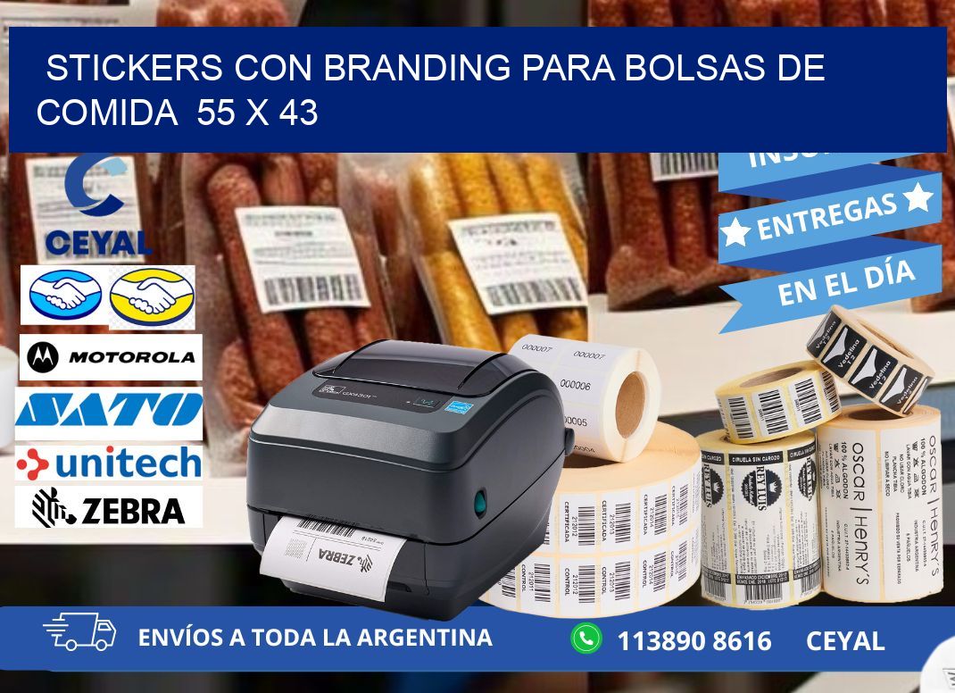 STICKERS CON BRANDING PARA BOLSAS DE COMIDA  55 x 43