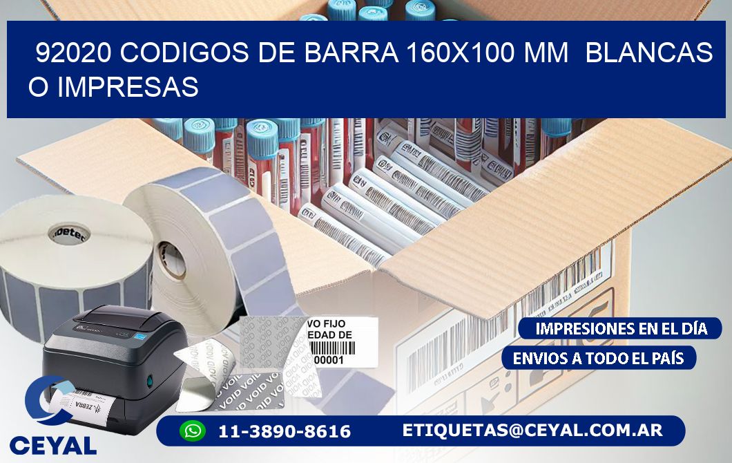 92020 CODIGOS DE BARRA 160x100 mm  BLANCAS O IMPRESAS