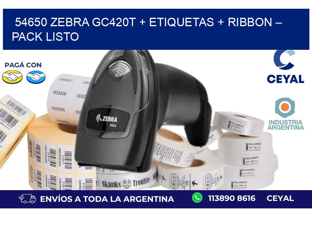 54650 Zebra GC420T + Etiquetas + Ribbon – Pack Listo