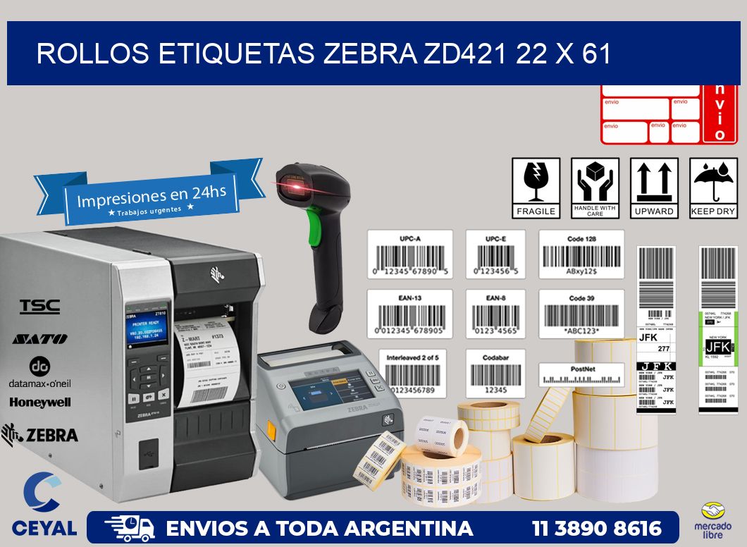 ROLLOS ETIQUETAS Zebra ZD421 22 x 61