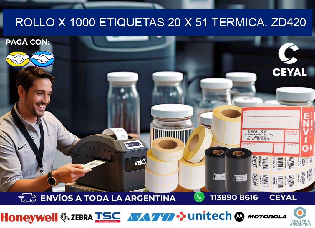 Rollo X 1000 etiquetas 20 x 51 termica. zd420