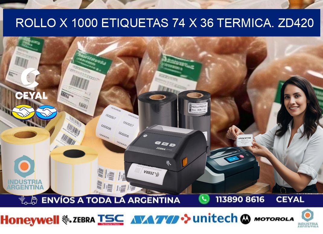 Rollo X 1000 etiquetas 74 x 36 termica. zd420