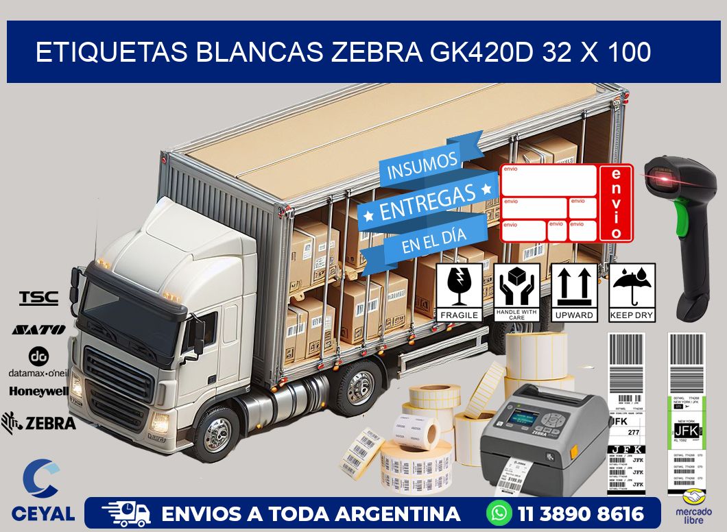 ETIQUETAS BLANCAS ZEBRA GK420D 32 x 100
