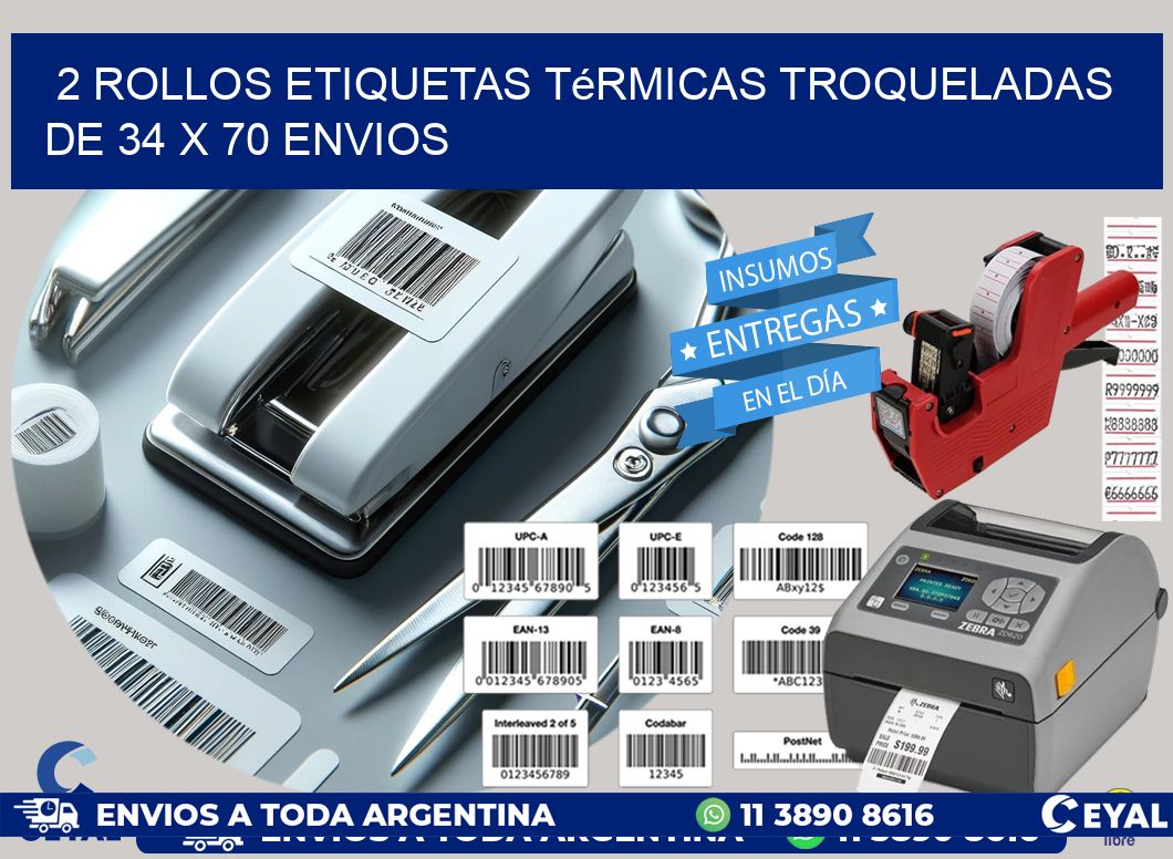 2 Rollos Etiquetas Térmicas Troqueladas De 34 x 70 ENVIOS