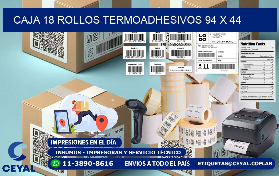 CAJA 18 ROLLOS TERMOADHESIVOS 94 x 44