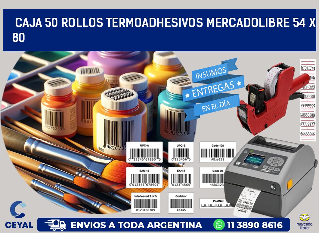 CAJA 50 ROLLOS TERMOADHESIVOS MERCADOLIBRE 54 x 80