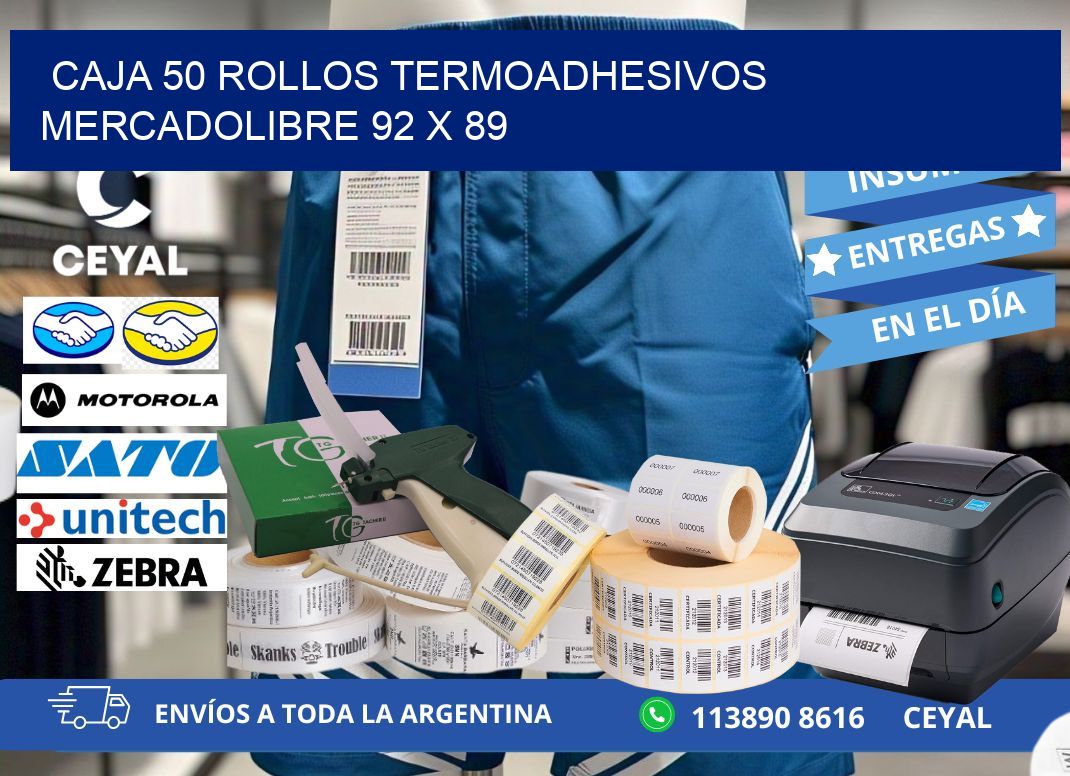 CAJA 50 ROLLOS TERMOADHESIVOS MERCADOLIBRE 92 x 89