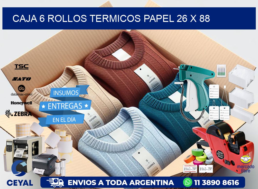 CAJA 6 ROLLOS TERMICOS PAPEL 26 x 88