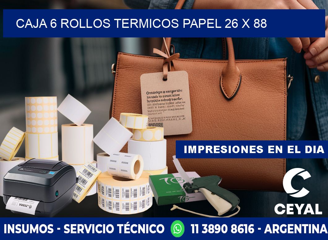 CAJA 6 ROLLOS TERMICOS PAPEL 26 x 88