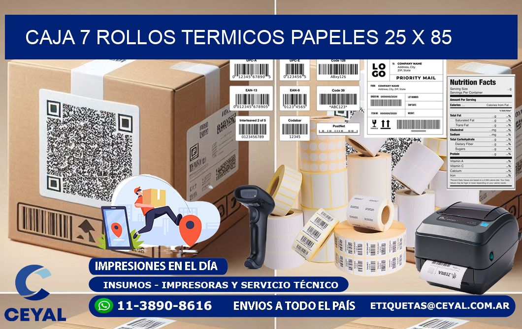 CAJA 7 ROLLOS TERMICOS PAPELES 25 x 85