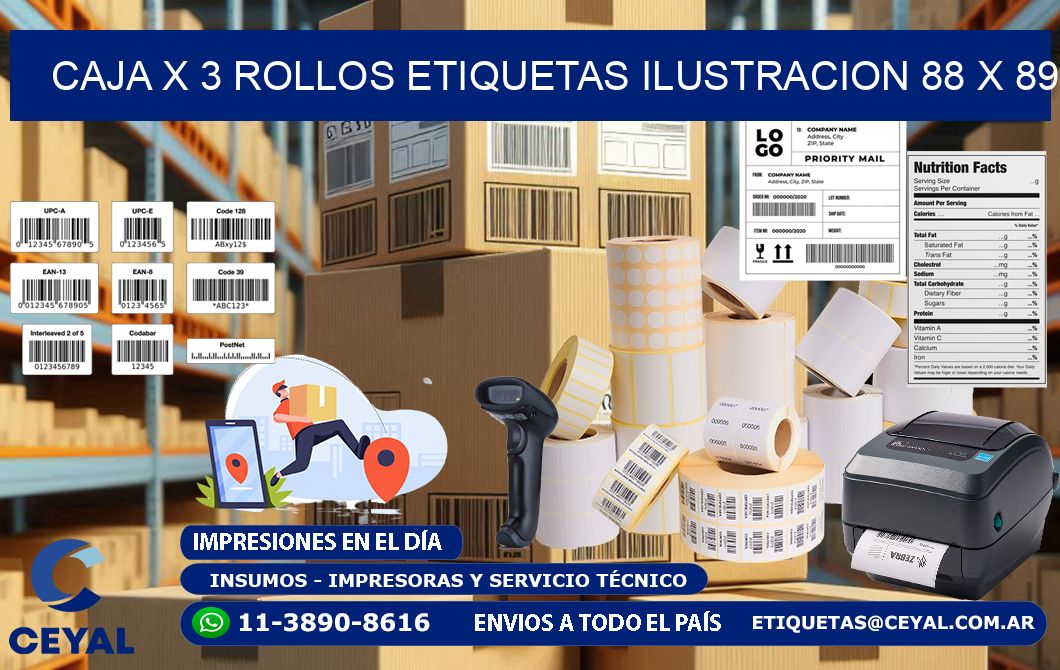 Caja X 3 Rollos Etiquetas Ilustracion 88 x 89