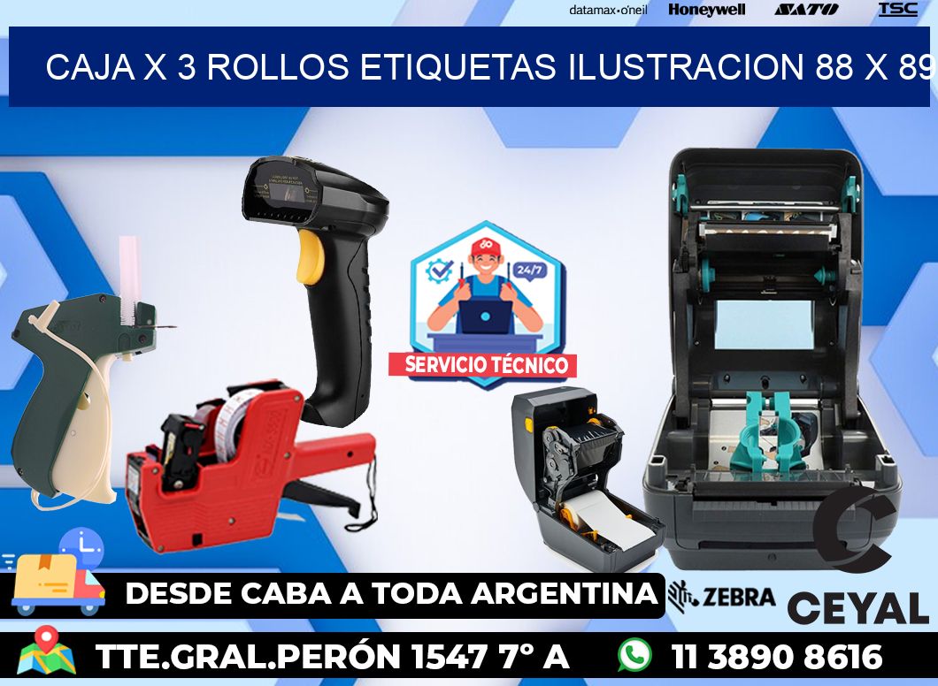 Caja X 3 Rollos Etiquetas Ilustracion 88 x 89