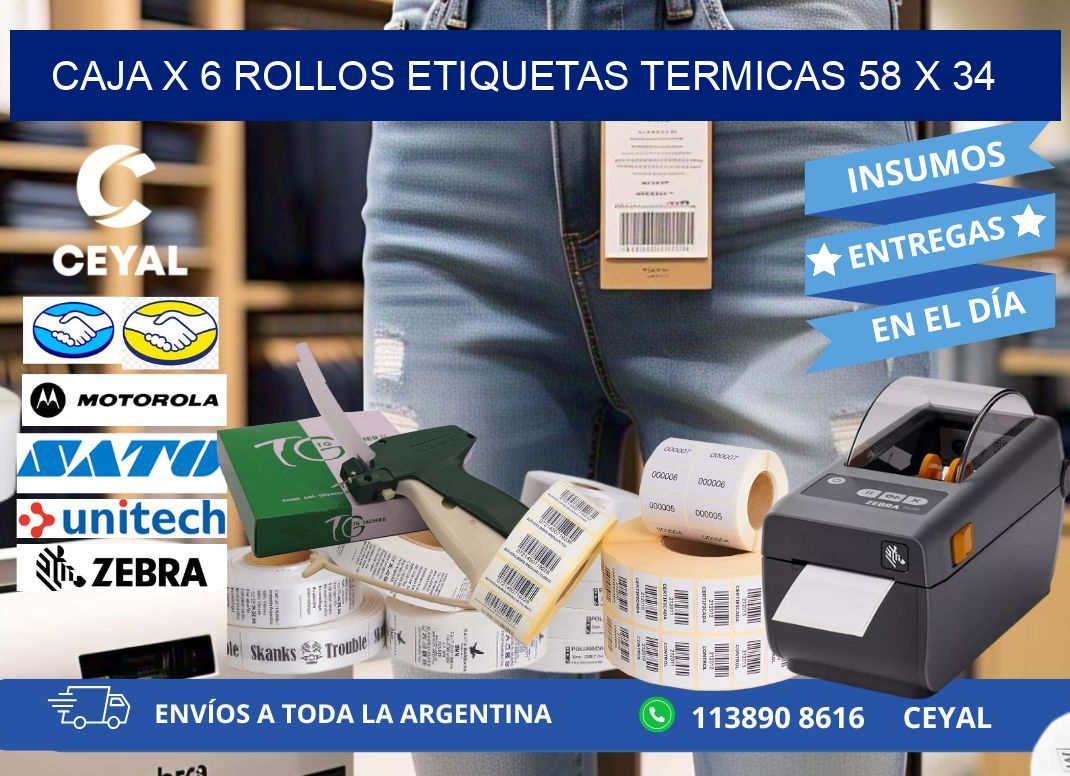 Caja X 6 Rollos Etiquetas termicas 58 x 34