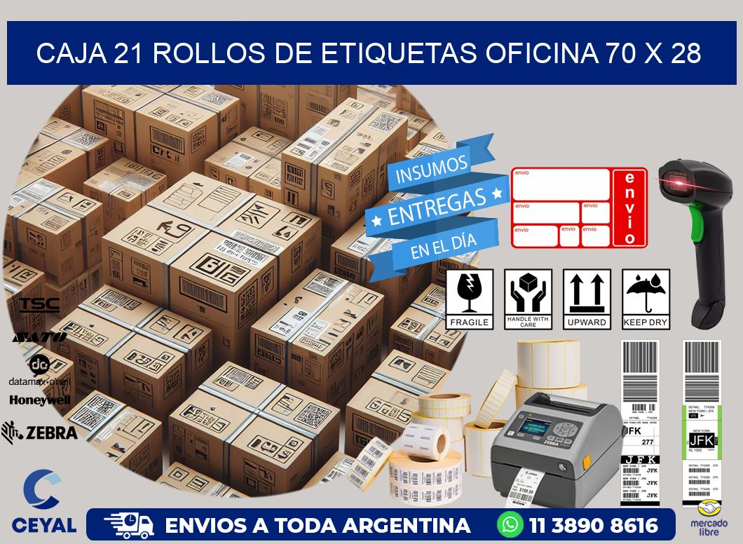 CAJA 21 ROLLOS DE ETIQUETAS OFICINA 70 x 28