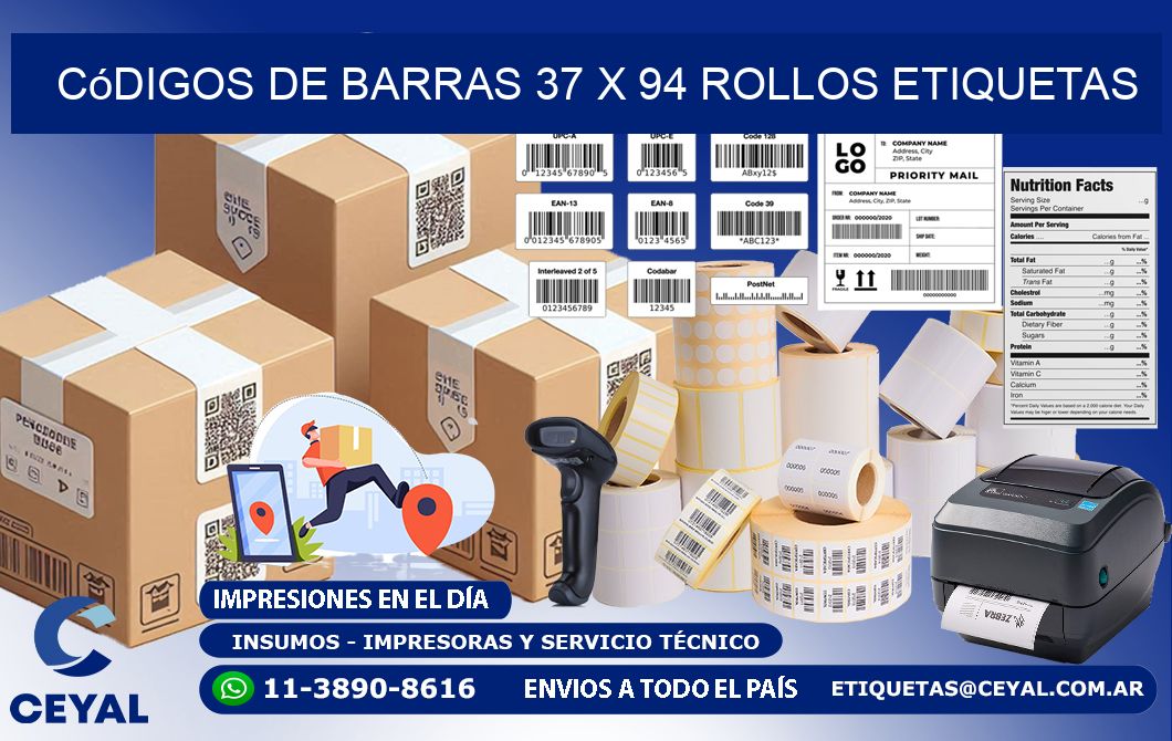 Códigos de Barras 37 x 94 ROLLOS ETIQUETAS