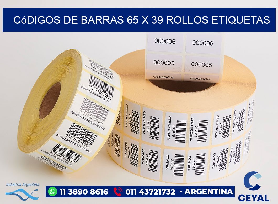 Códigos de Barras 65 x 39 ROLLOS ETIQUETAS