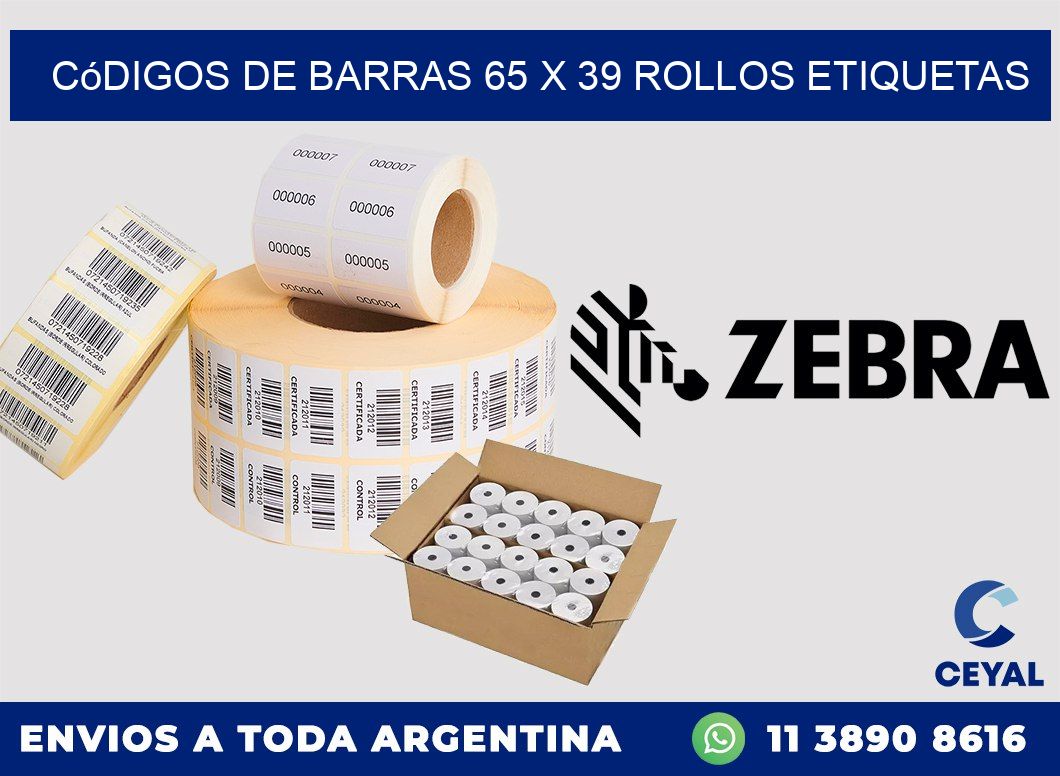 Códigos de Barras 65 x 39 ROLLOS ETIQUETAS