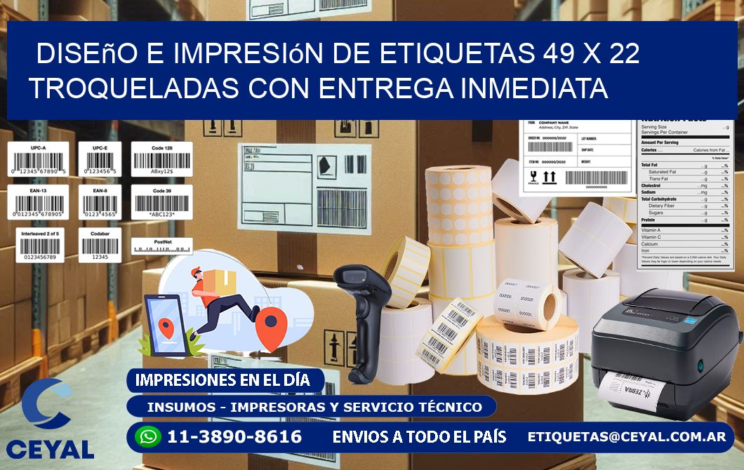 Diseño e impresión de etiquetas 49 x 22 troqueladas con entrega inmediata