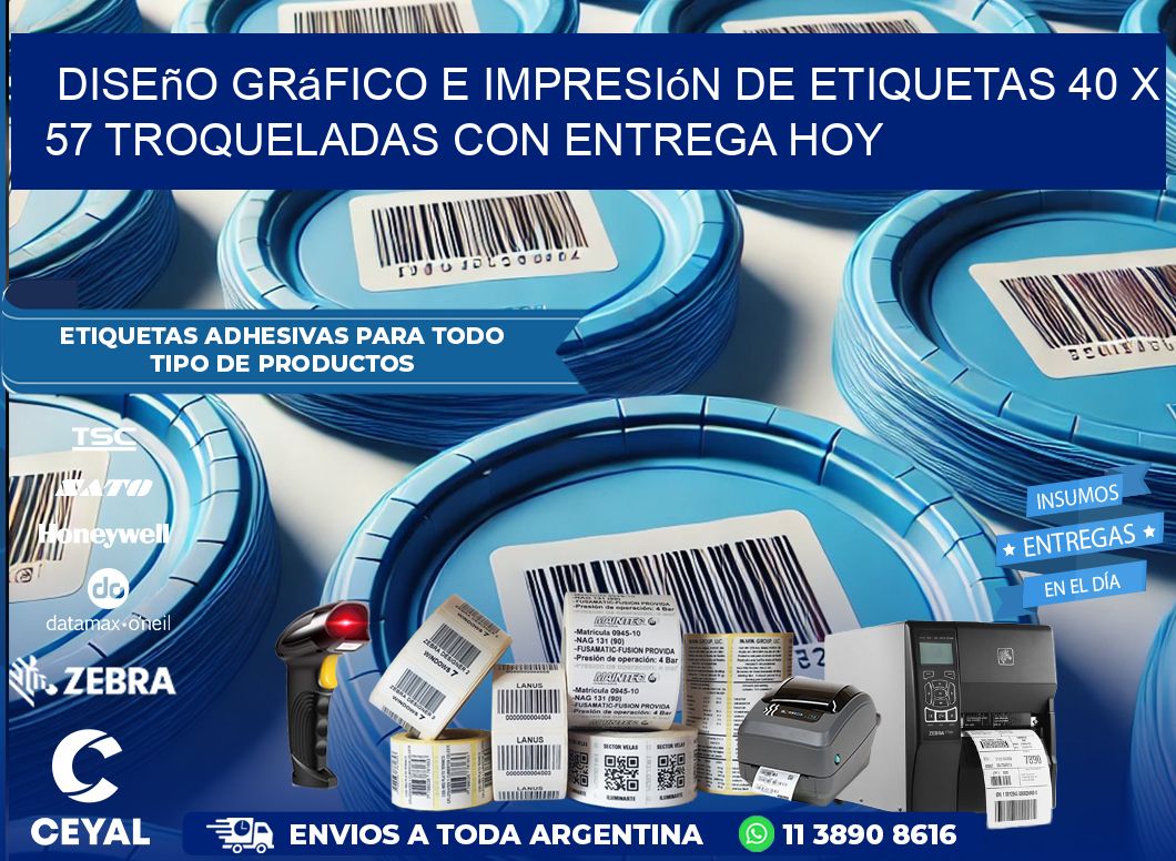 Diseño gráfico e impresión de etiquetas 40 x 57 troqueladas con entrega hoy
