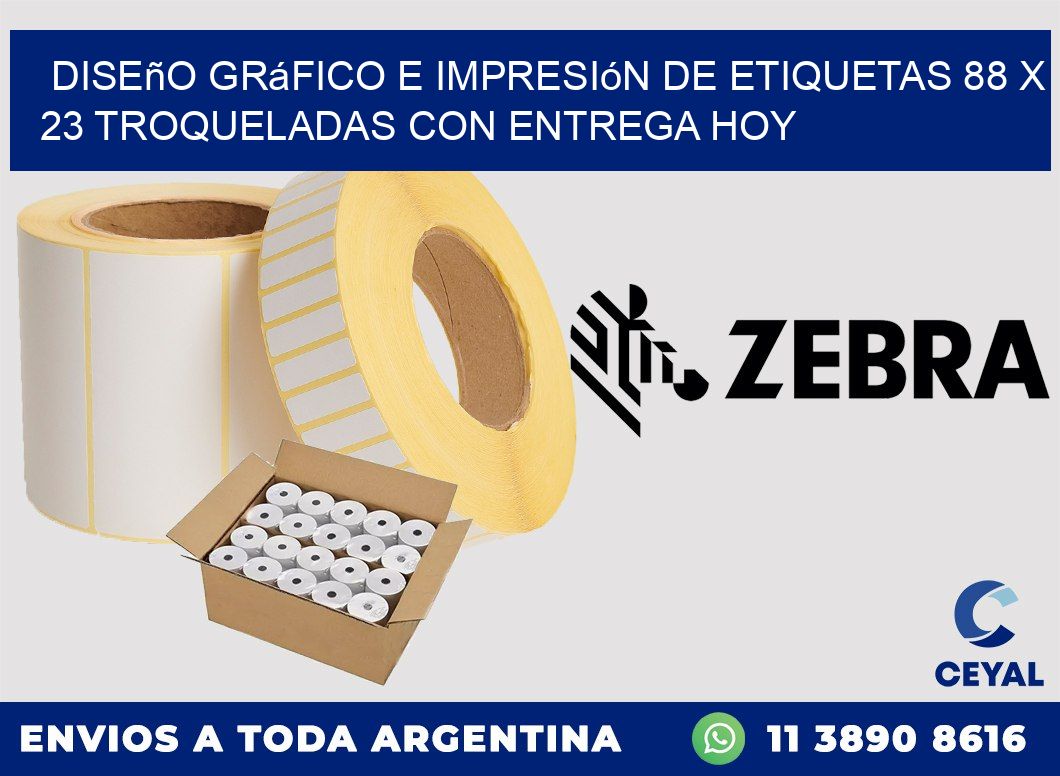 Diseño gráfico e impresión de etiquetas 88 x 23 troqueladas con entrega hoy