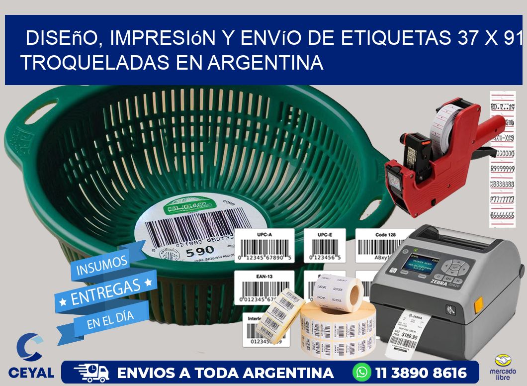 Diseño, impresión y envío de etiquetas 37 x 91 troqueladas en Argentina