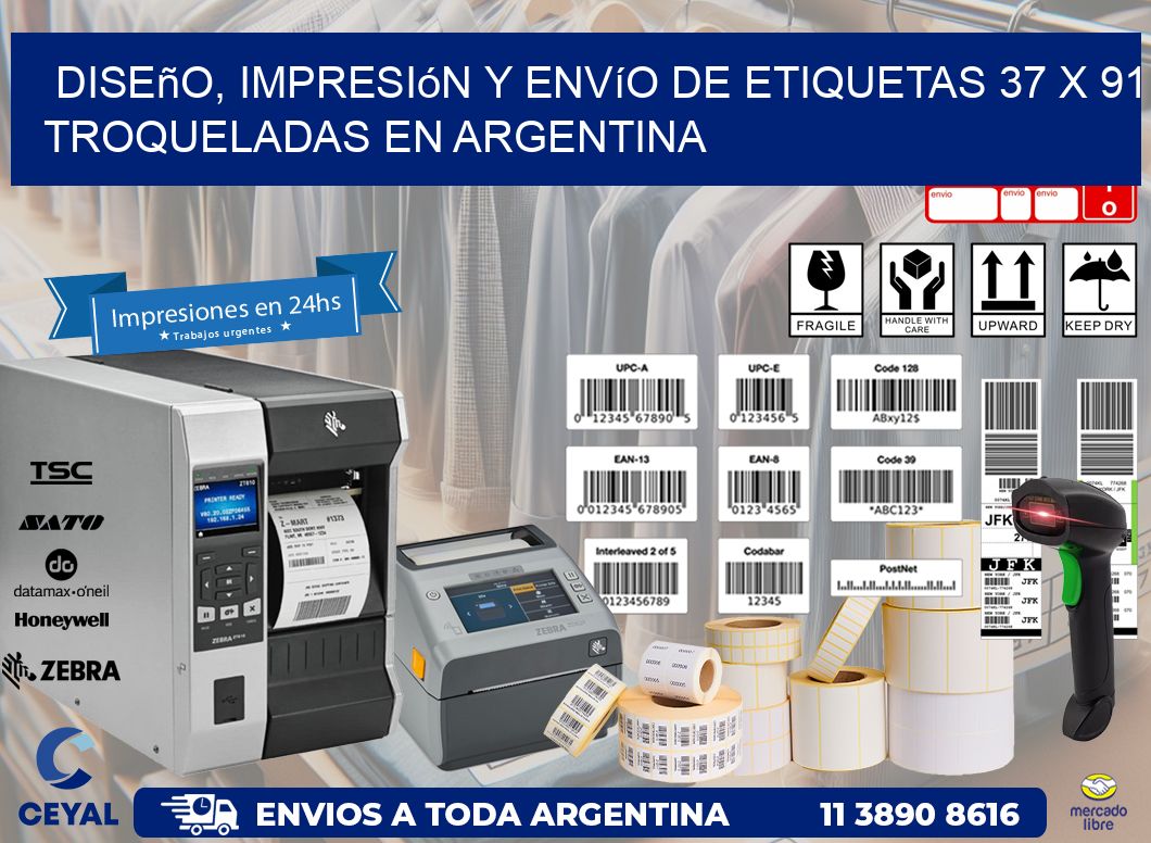 Diseño, impresión y envío de etiquetas 37 x 91 troqueladas en Argentina