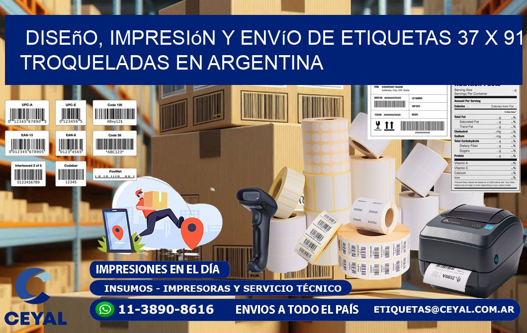 Diseño, impresión y envío de etiquetas 37 x 91 troqueladas en Argentina