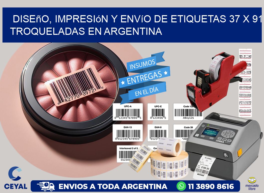 Diseño, impresión y envío de etiquetas 37 x 91 troqueladas en Argentina