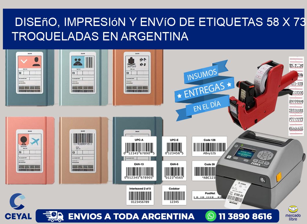 Diseño, impresión y envío de etiquetas 58 x 73 troqueladas en Argentina