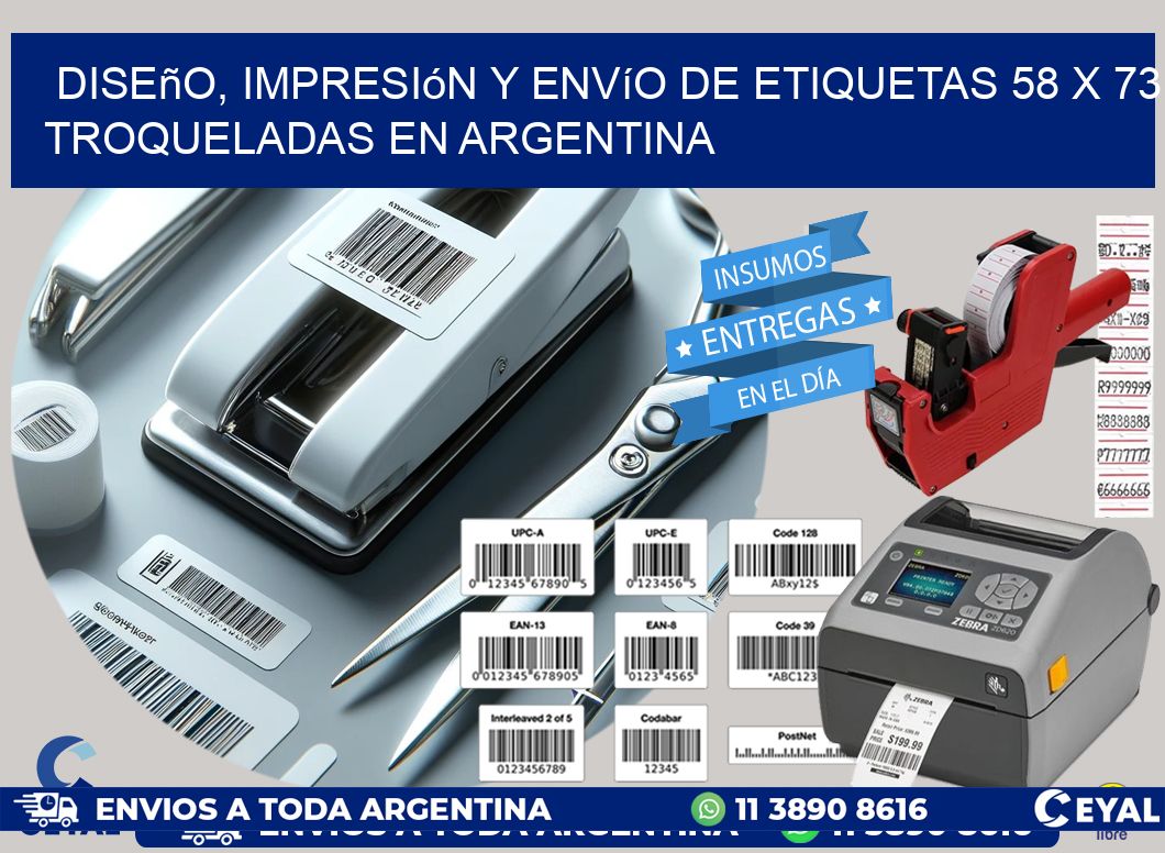 Diseño, impresión y envío de etiquetas 58 x 73 troqueladas en Argentina