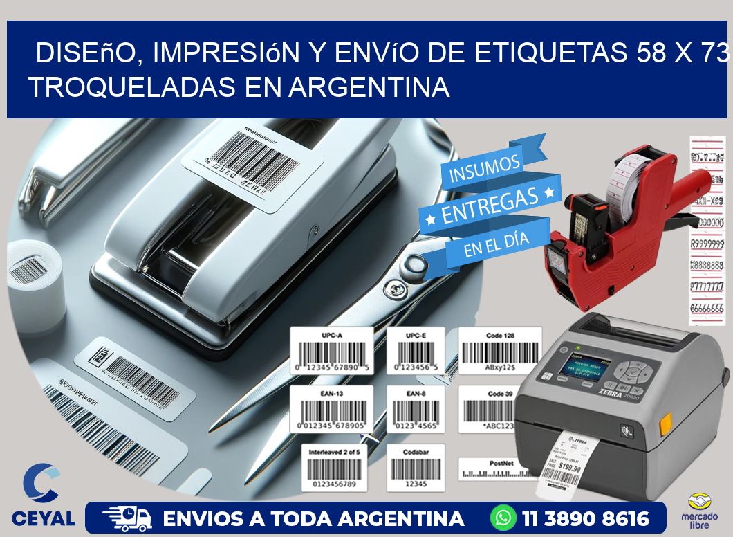 Diseño, impresión y envío de etiquetas 58 x 73 troqueladas en Argentina