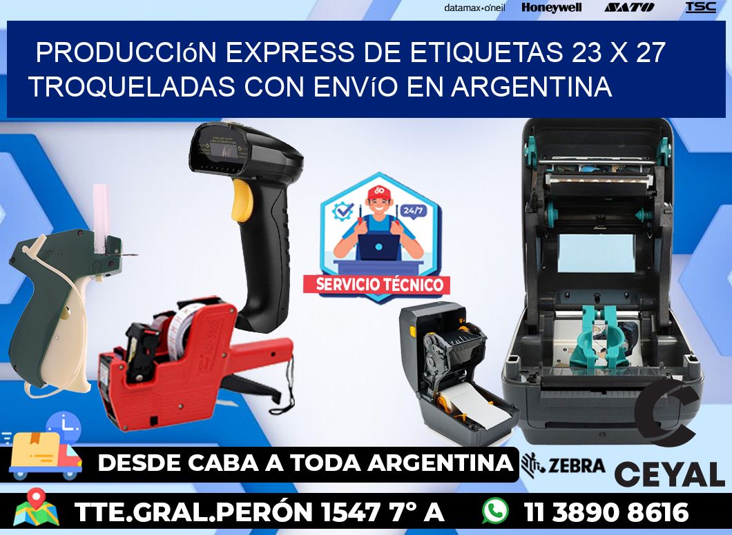 Producción express de etiquetas 23 x 27 troqueladas con envío en Argentina