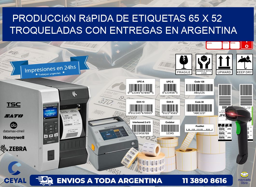 Producción rápida de etiquetas 65 x 52 troqueladas con entregas en Argentina