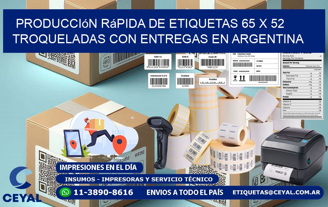 Producción rápida de etiquetas 65 x 52 troqueladas con entregas en Argentina