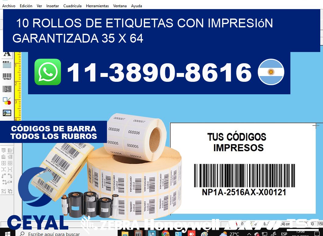 10 rollos de etiquetas con impresión garantizada 35 x 64