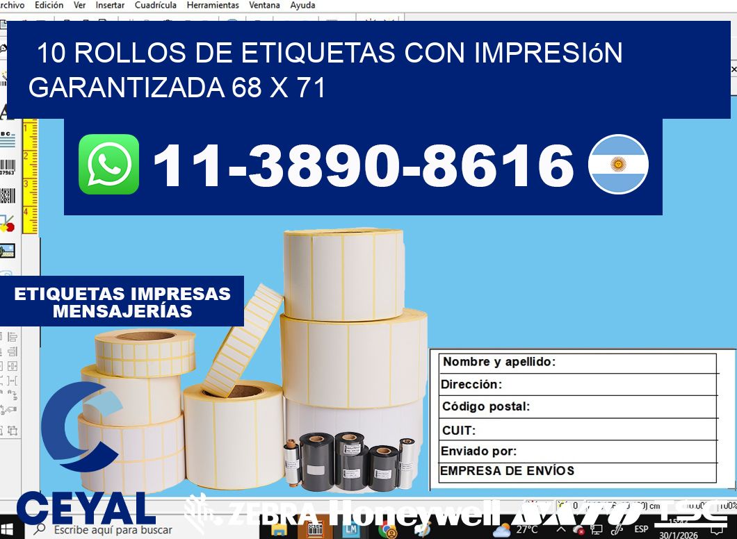 10 rollos de etiquetas con impresión garantizada 68 x 71