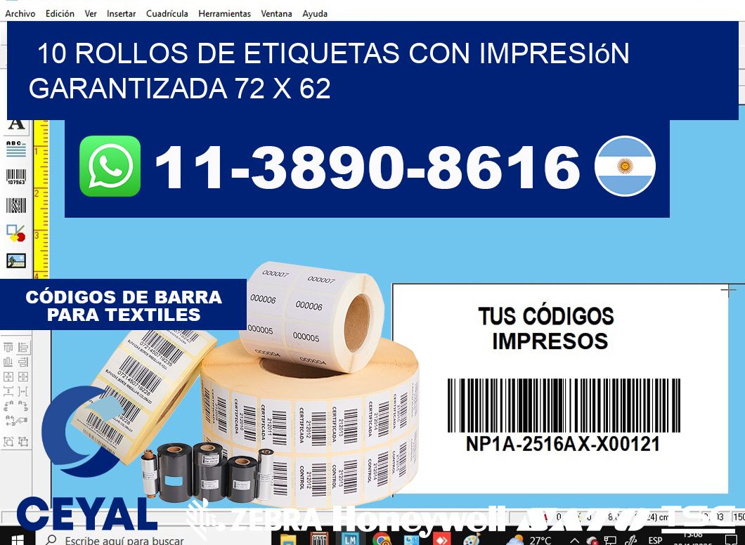 10 rollos de etiquetas con impresión garantizada 72 x 62