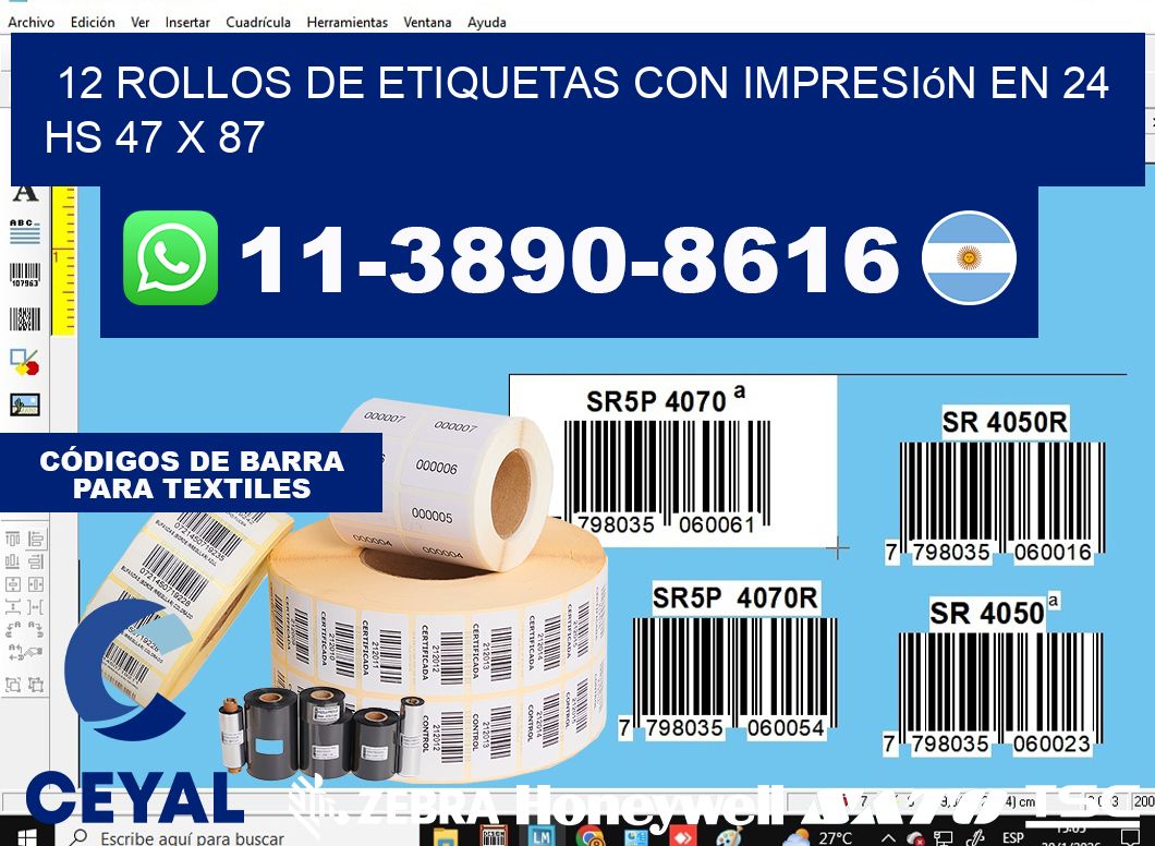 12 rollos de etiquetas con impresión en 24 hs 47 x 87