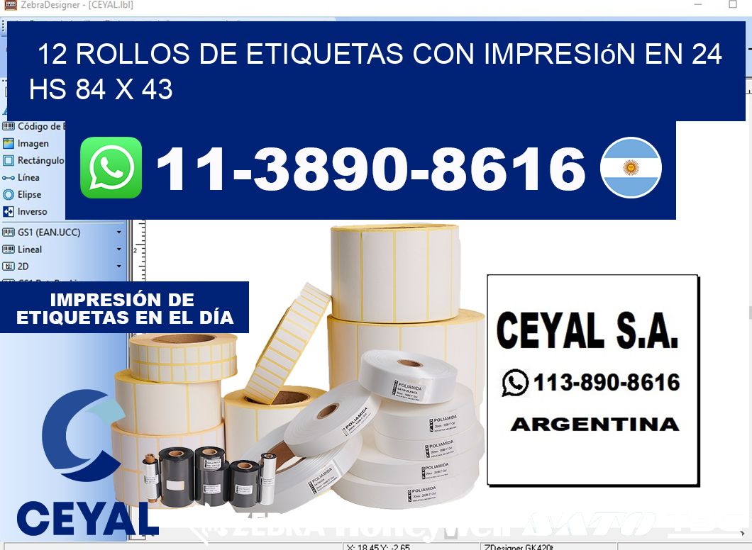 12 rollos de etiquetas con impresión en 24 hs 84 x 43