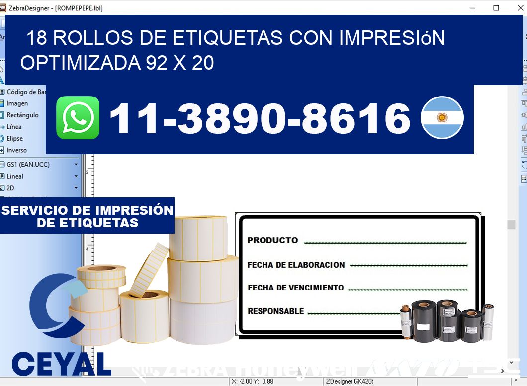 18 rollos de etiquetas con impresión optimizada 92 x 20
