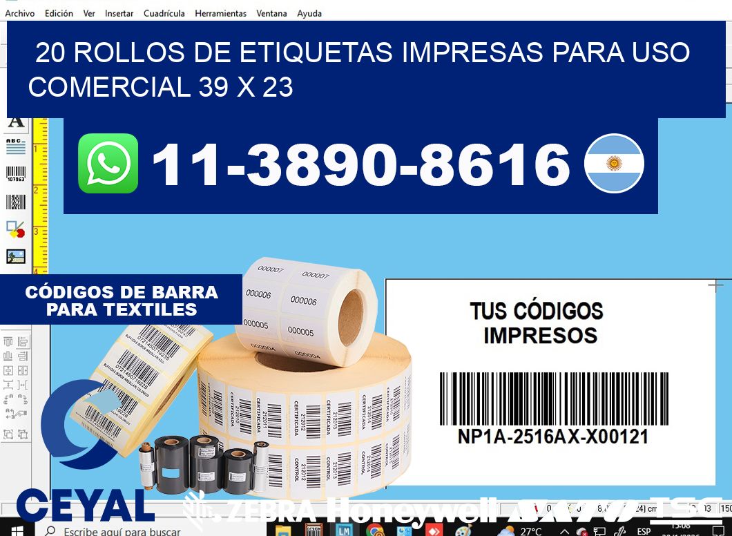 20 rollos de etiquetas impresas para uso comercial 39 x 23