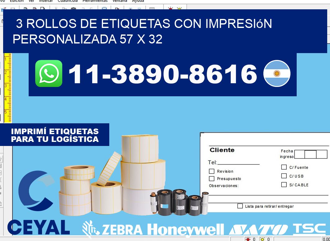 3 rollos de etiquetas con impresión personalizada 57 x 32
