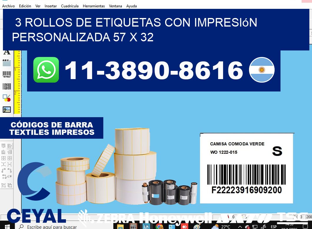 3 rollos de etiquetas con impresión personalizada 57 x 32