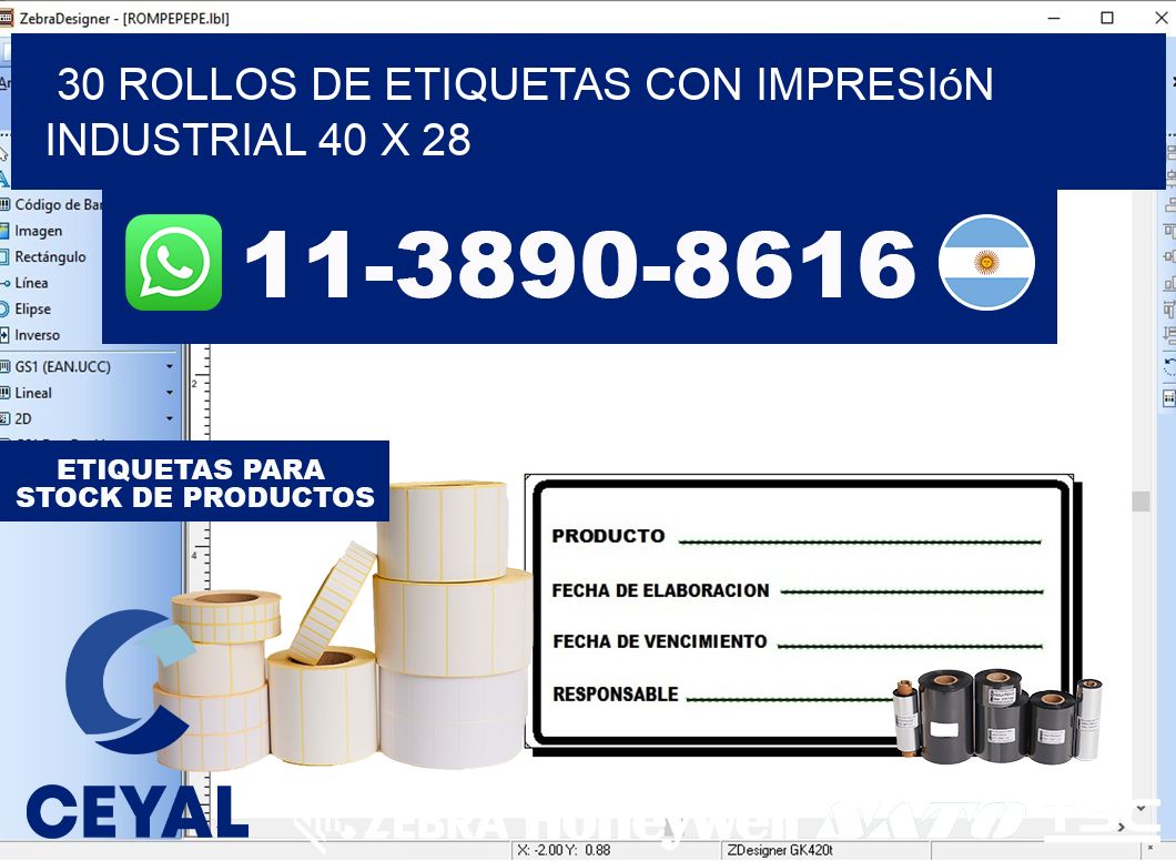 30 rollos de etiquetas con impresión industrial 40 x 28