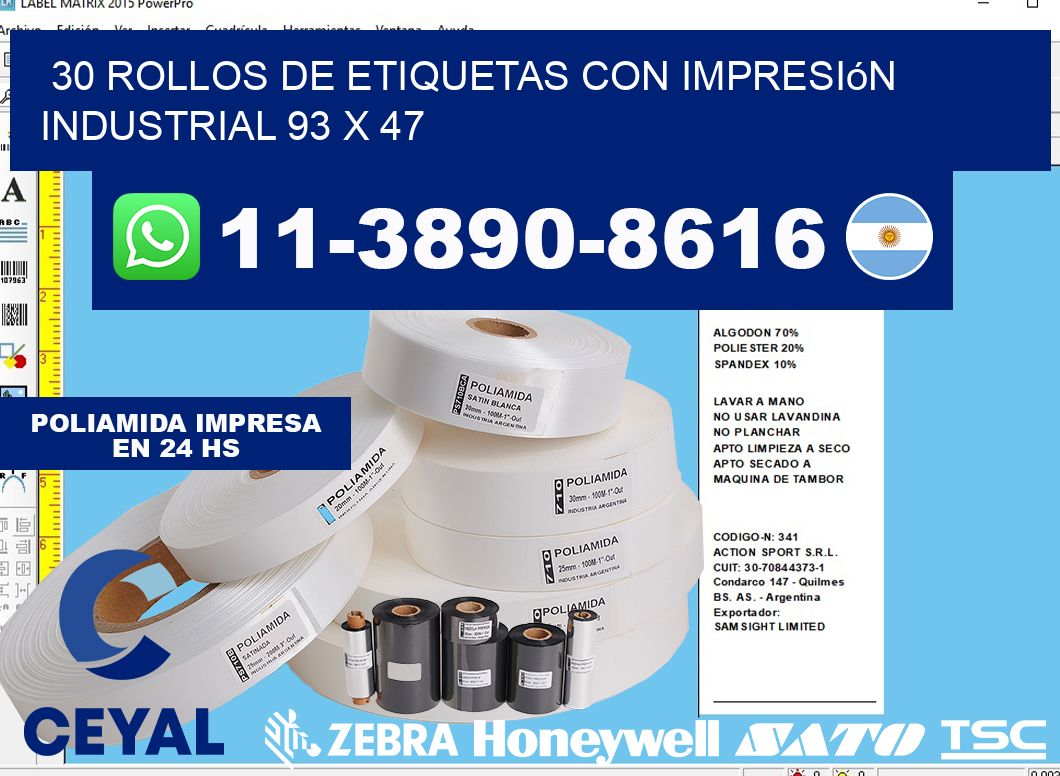 30 rollos de etiquetas con impresión industrial 93 x 47