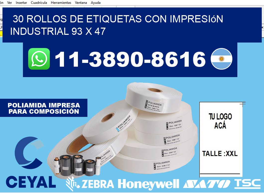 30 rollos de etiquetas con impresión industrial 93 x 47