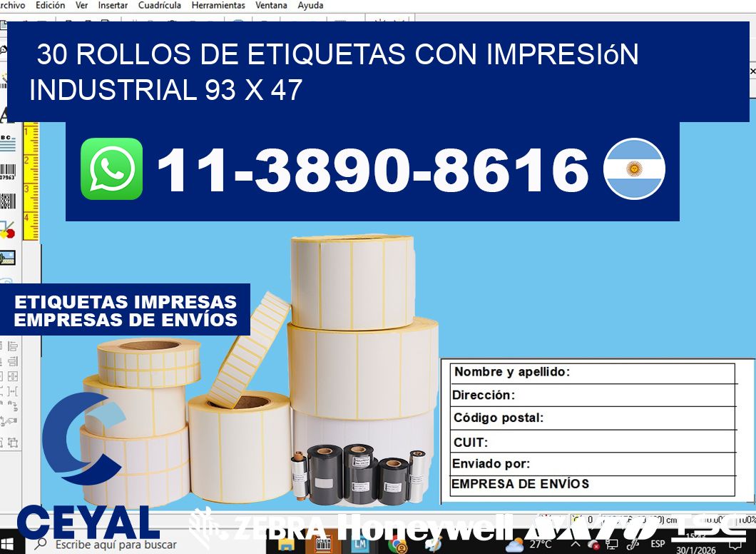 30 rollos de etiquetas con impresión industrial 93 x 47