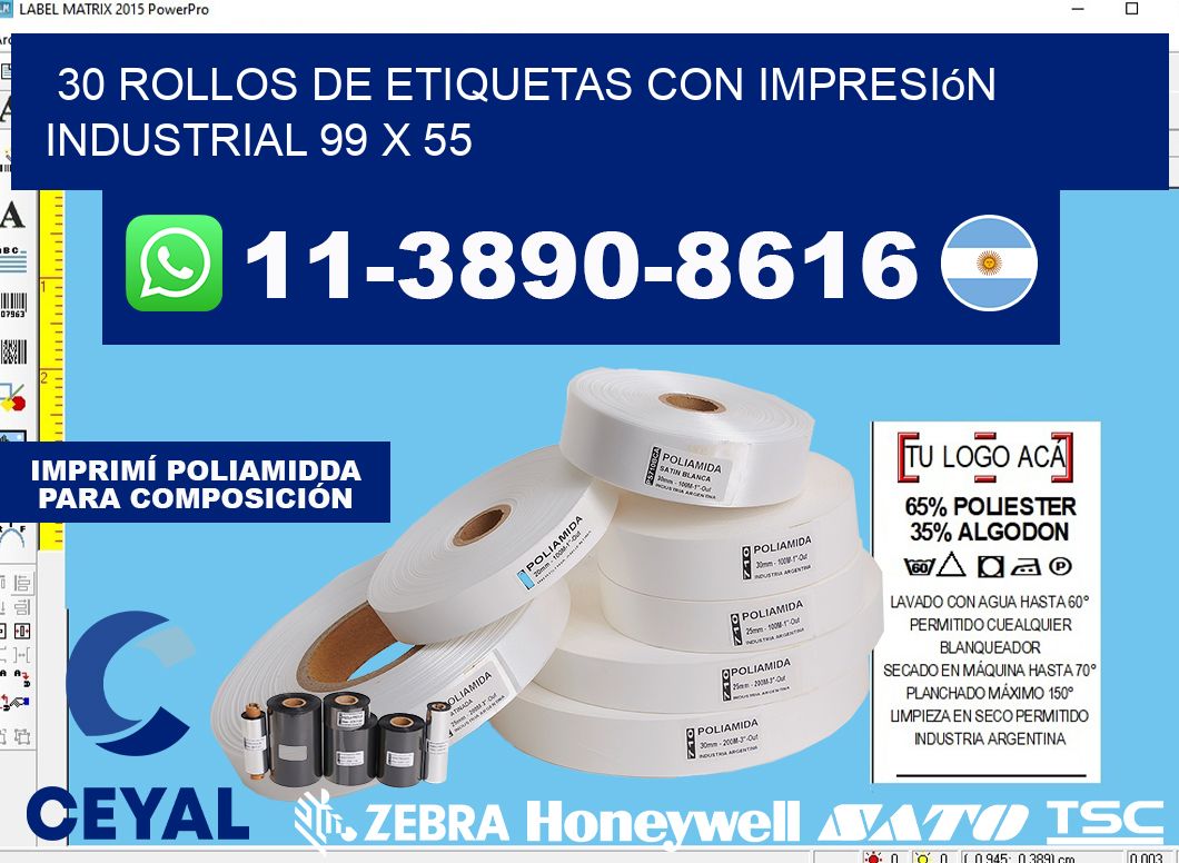 30 rollos de etiquetas con impresión industrial 99 x 55