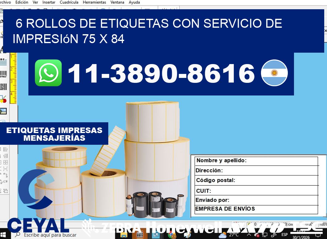 6 rollos de etiquetas con servicio de impresión 75 x 84
