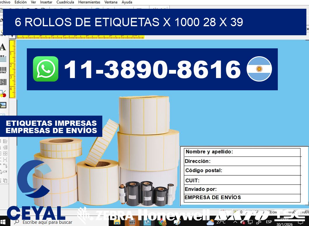 6 rollos de etiquetas x 1000 28 x 39